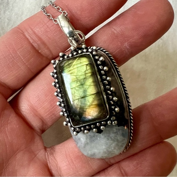 925 SUNSET Flash! Layered Labradorite on Moonstone w/ Black Tourmaline! necklace - Picture 1 of 10